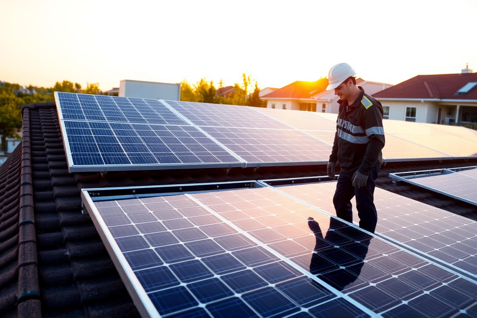 Rooftop solar installation at golden hour